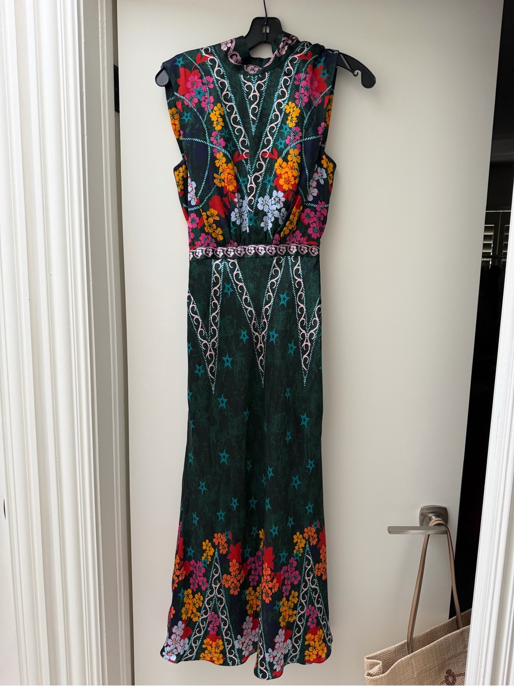 Saloni  Dark Green Silk Dress with Teal Star Motif